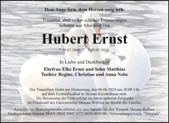 Traueranzeige von Hubert Ernst von Trauerkombi Dessau