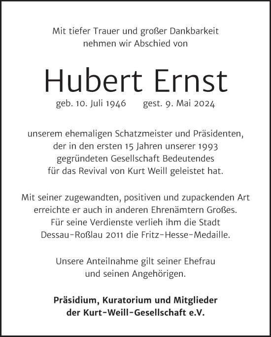 Traueranzeige von Hubert Ernst von Mitteldeutsche Zeitung Dessau-Roßlau