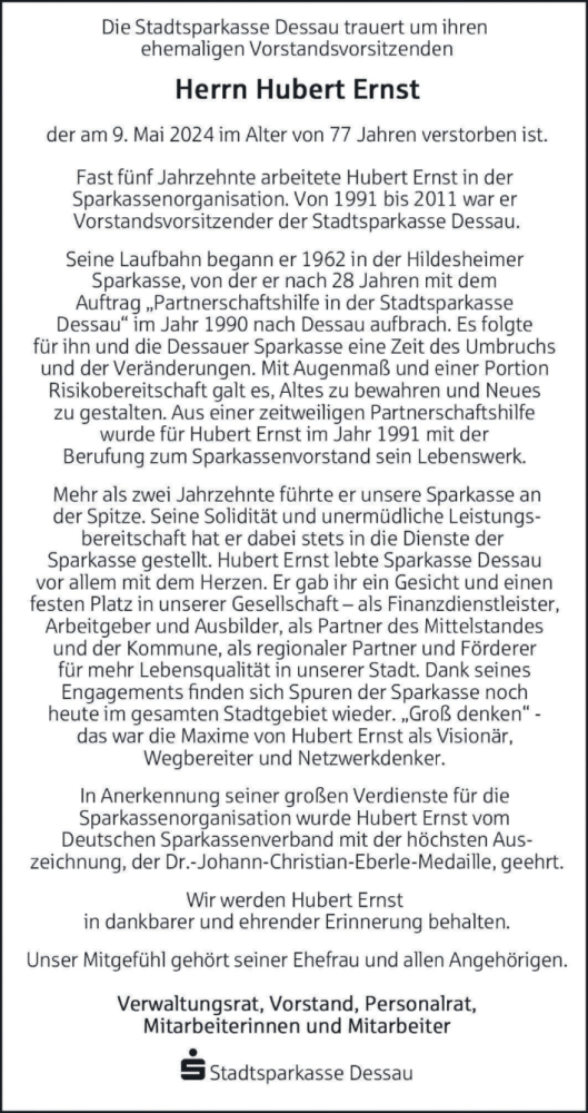 Traueranzeige von Hubert Ernst von Mitteldeutsche Zeitung Dessau-Roßlau