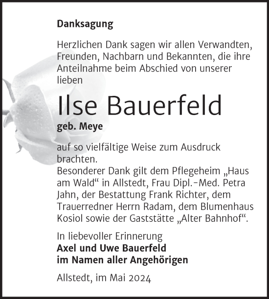 Traueranzeige von Ilse Bauerfeld von Trauerkombi Sangerhausen
