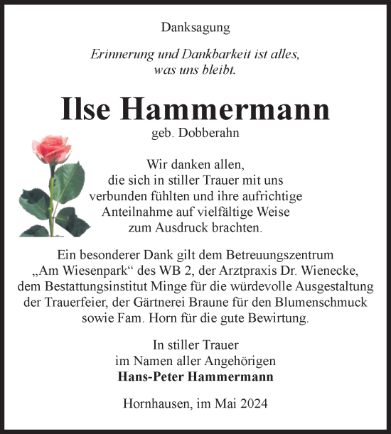 Traueranzeige von Ilse Hammermann von Volksstimme Oschersleben/Wanzleben