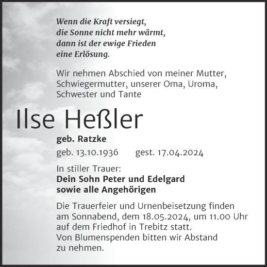 Traueranzeige von Ilse Heßler von Trauerkombi Wittenberg