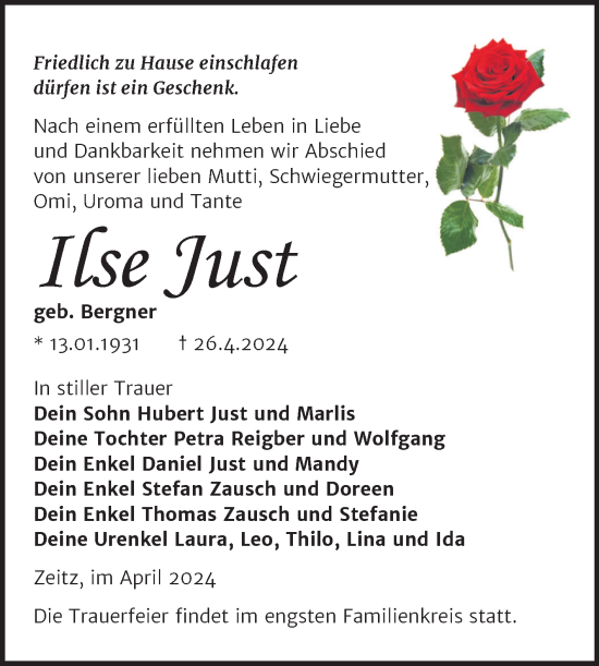Traueranzeige von ILse Just von Trauerkombi Zeitz