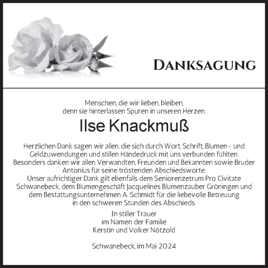 Traueranzeige von Ilse Knackmuß von Volksstimme Halberstadt