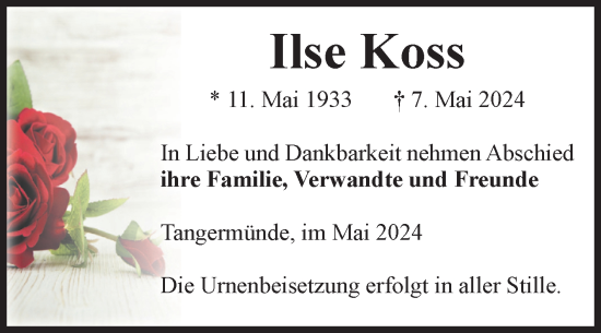 Traueranzeige von Ilse Koss von Volksstimme Altmark Ost