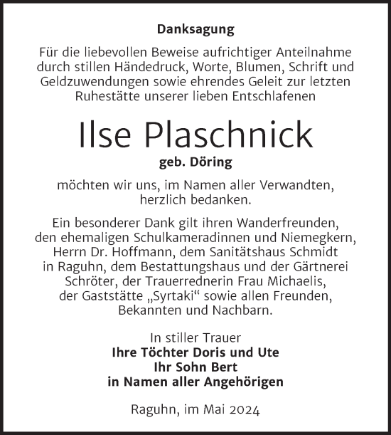 Traueranzeige von Ilse Plaschnick von Trauerkombi Bitterfeld