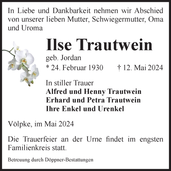 Traueranzeige von Ilse Trautwein von Volksstimme Oschersleben/Wanzleben