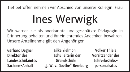 Traueranzeige von Ines Werwigk von Mitteldeutsche Zeitung Bernburg