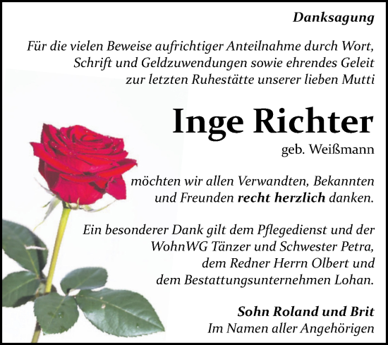 Traueranzeige von Inge Richter von Trauerkombi Bitterfeld