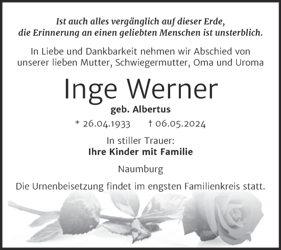 Traueranzeige von Inge Werner von Naumburger Tageblatt
