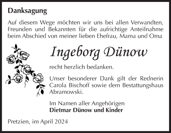 Traueranzeige von Ingeborg Dünow von Volksstimme Schönebeck