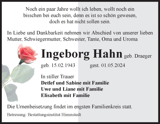 Traueranzeige von Ingeborg Hahn von Volksstimme Altmark Ost