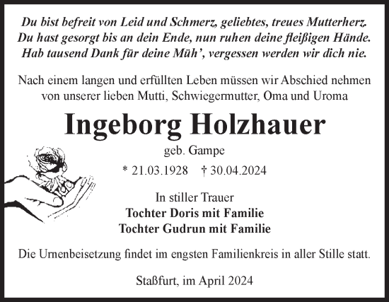 Traueranzeige von Ingeborg Holzhauer von Volksstimme Staßfurt