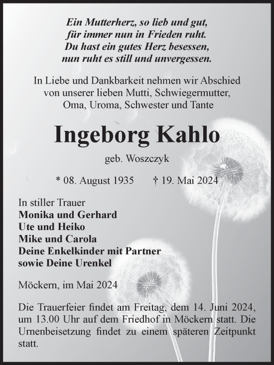 Traueranzeige von Ingeborg Kahlo von Volksstimme Burg/Genthin