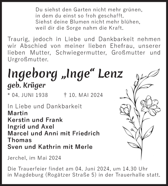 Traueranzeige von Ingeborg Lenz von Volksstimme Magdeburg