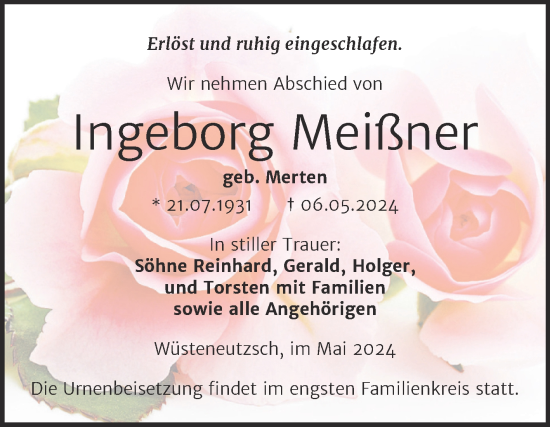 Traueranzeige von Ingeborg Meißner von Trauerkombi Merseburg