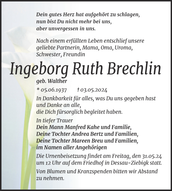 Traueranzeige von Ingeborg Ruth Brechlin von Trauerkombi Dessau