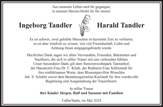 Traueranzeige von Ingeborg und Harald Tandler von Volksstimme Schönebeck