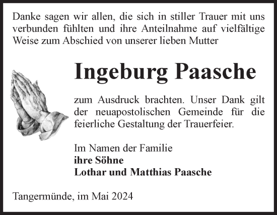 Traueranzeige von Ingeburg Paasche von Volksstimme Altmark Ost