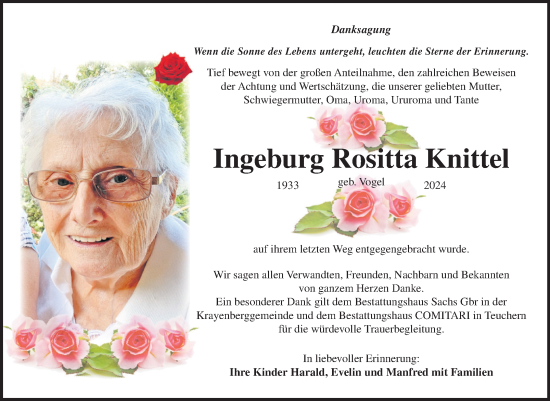 Traueranzeige von Ingeburg Rositta Knittel von Trauerkombi Weißenfels