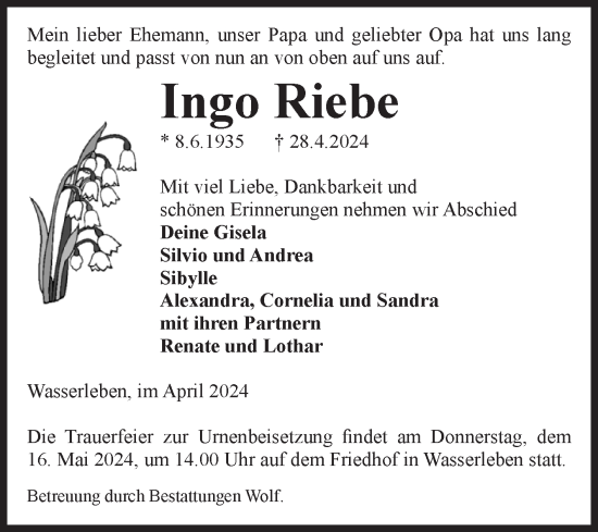 Traueranzeige von Ingo Riebe von Volksstimme Wernigerode