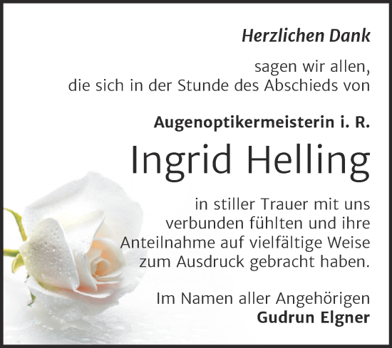Traueranzeige von Ingrid Helling von Trauerkombi Bernburg