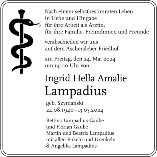 Traueranzeige von Ingrid Hella Amalie Lampadius von Mitteldeutsche Zeitung Aschersleben