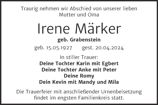 Traueranzeige von Irene Märker von SuperSonntag Bitterfeld