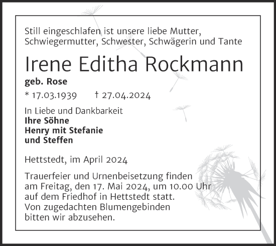 Traueranzeige von Irene Ediths Rockmann von Trauerkombi Mansfelder Land