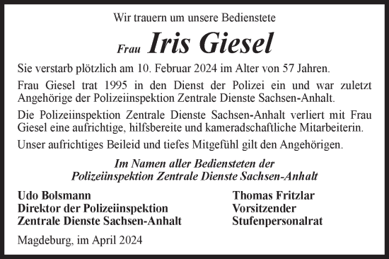 Traueranzeige von Iris Giesel 