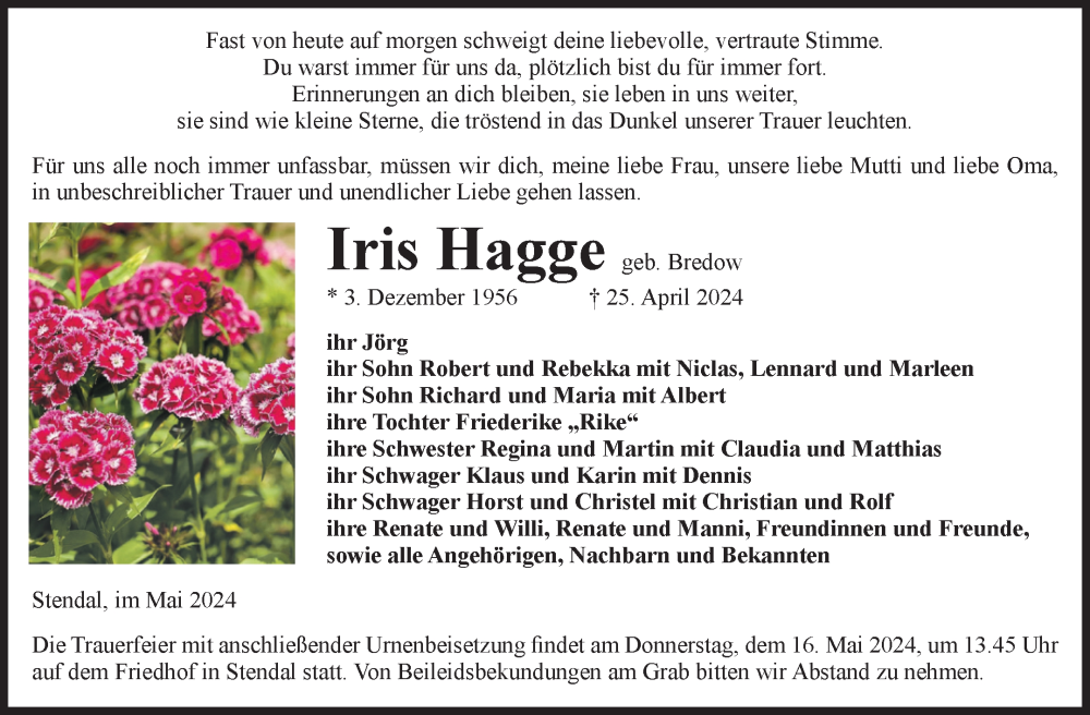  Traueranzeige für Iris Hagge vom 08.05.2024 aus Volksstimme Altmark Ost