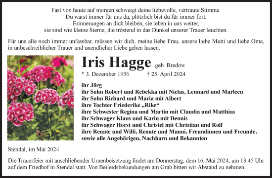 Traueranzeige von Iris Hagge von Volksstimme Altmark Ost