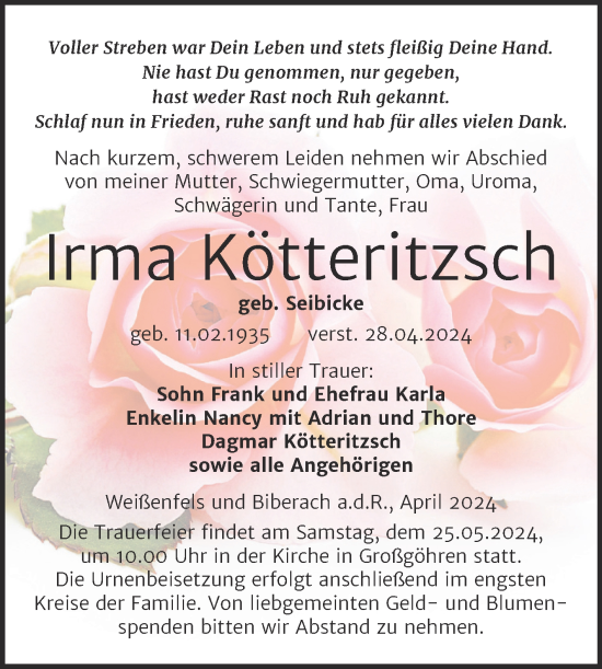 Traueranzeige von Irma Kötteritzsch von Trauerkombi Weißenfels