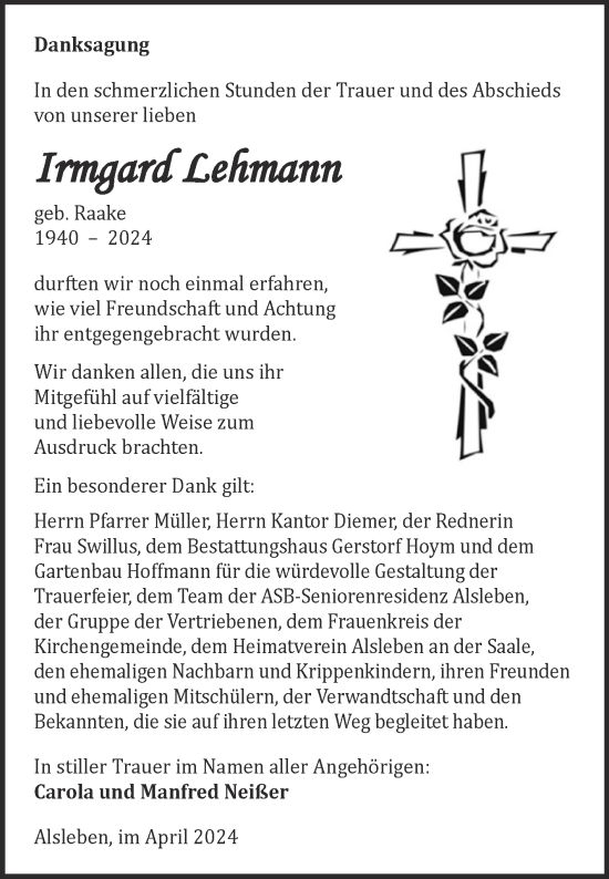 Traueranzeige von Irmgard Lehmann von Trauerkombi Bernburg