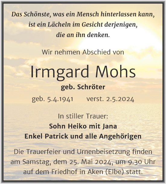 Traueranzeige von Irmgard Mohs von Trauerkombi Köthen