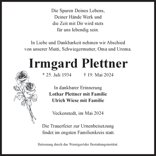 Traueranzeige von Irmgard Plettner von Volksstimme Wernigerode