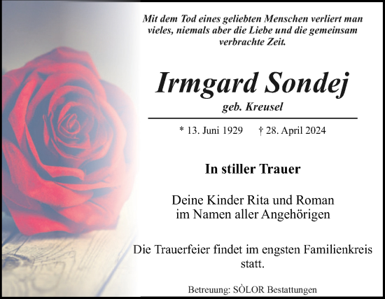 Traueranzeige von Irmgard Sondej von Volksstimme Magdeburg