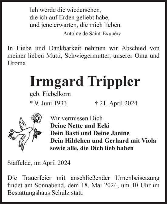 Traueranzeige von Irmgard Trippler von Volksstimme Altmark Ost