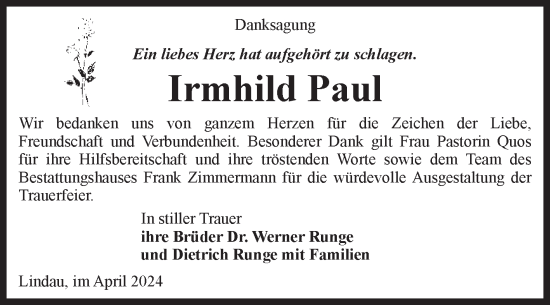 Traueranzeige von Irmhild Paul von Volksstimme Zerbst