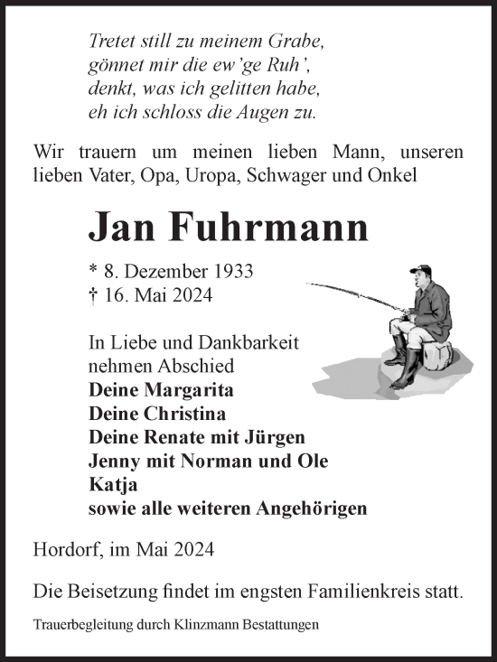Traueranzeige von Jan Fuhrmann von Volksstimme Oschersleben/Wanzleben