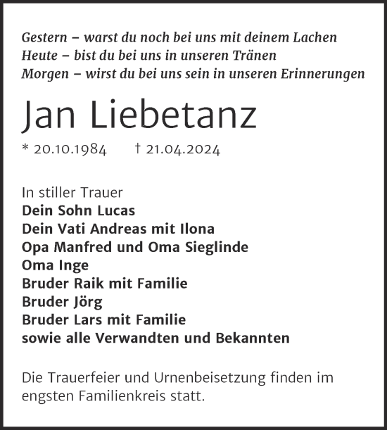 Traueranzeige von Jan Liebetanz von Trauerkombi Bitterfeld