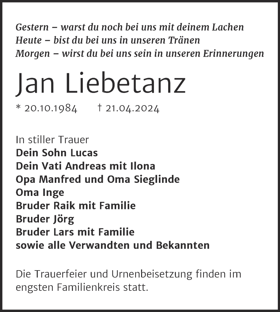  Traueranzeige für Jan Liebetanz vom 11.05.2024 aus Trauerkombi Bitterfeld
