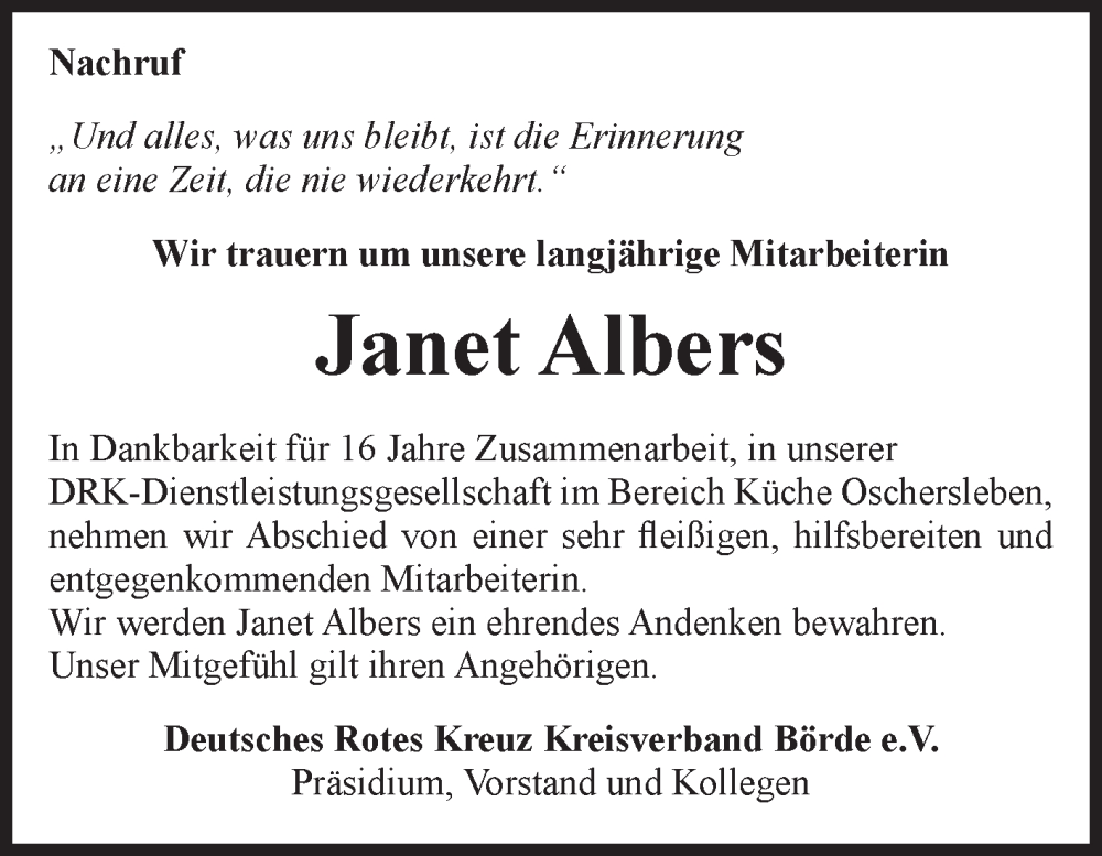 Traueranzeige für Janet Albers vom 04.05.2024 aus Volksstimme Oschersleben/Wanzleben