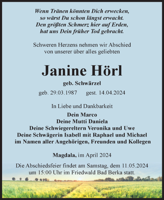 Traueranzeige von Janine Hörl von Volksstimme Wernigerode