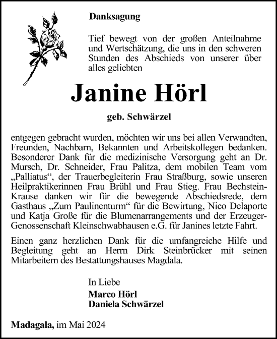Traueranzeige von Janine Hörl von Volksstimme Wernigerode