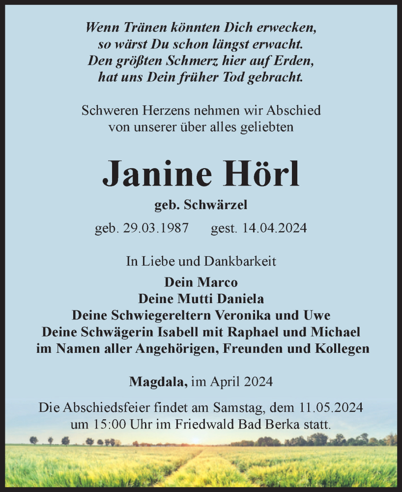  Traueranzeige für Janine Hörl vom 04.05.2024 aus Volksstimme Wernigerode