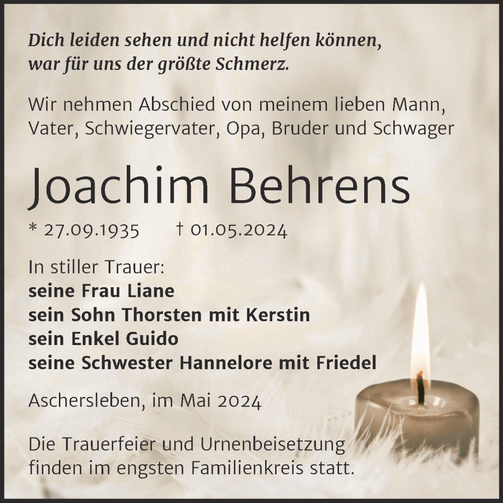  Traueranzeige für Joachim Behrens vom 08.05.2024 aus Trauerkombi Aschersleben