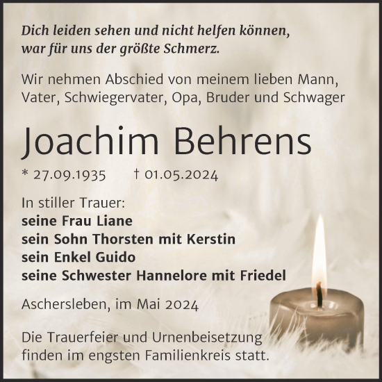 Traueranzeige von Joachim Behrens von Trauerkombi Aschersleben