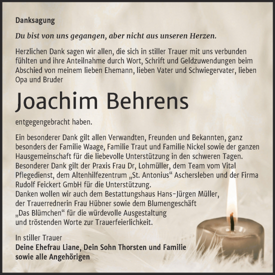 Traueranzeige von Joachim Behrens von Trauerkombi Aschersleben