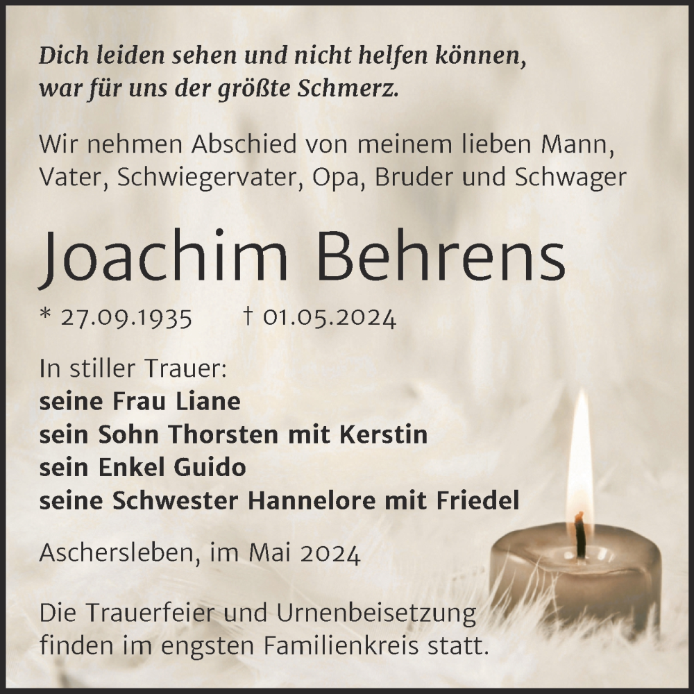  Traueranzeige für Joachim Behrens vom 11.05.2024 aus Trauerkombi Aschersleben